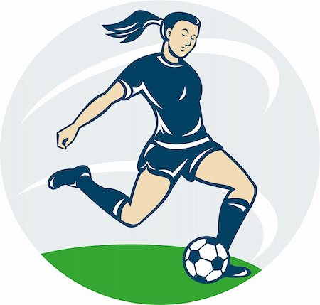 illustration of a woman girl playing soccer kicking the ball cartoon style Stock Photo - Budget Royalty-Free & Subscription, Code: 400-05916991