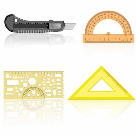 simsearch:400-04424177,k - Stationery knife, ruler and protractor line of the triangle on a white background. Stock Photo - Budget Royalty-Free & Subscription, Code: 400-05917063