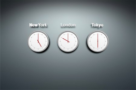 New York - London - Tokyo - time 3 clocks at the wall Stock Photo - Budget Royalty-Free & Subscription, Code: 400-05917835