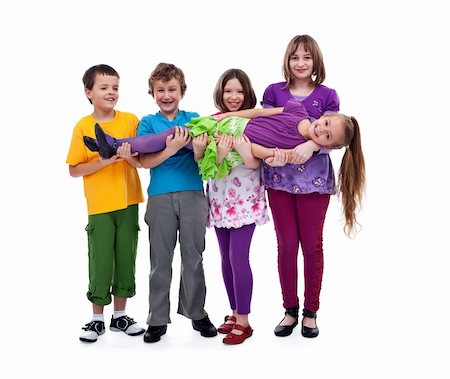 Kids having fun lifting their friend in their arms - isolated Stock Photo - Budget Royalty-Free & Subscription, Code: 400-05919512