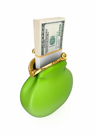 simsearch:400-04268399,k - Dollar pack in a green purse.Isolated on white background.3d rendered. Stock Photo - Budget Royalty-Free & Subscription, Code: 400-05919912