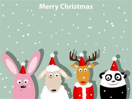 reindeer in snow - Greeting card with bunny, deer, ship and panda bear Stock Photo - Budget Royalty-Free & Subscription, Code: 400-05910561