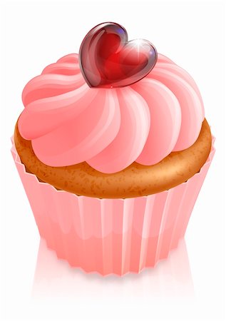 Pink fairy cake cupcake illustration with heart shaped decoration and pink icing Stock Photo - Budget Royalty-Free & Subscription, Code: 400-05911084