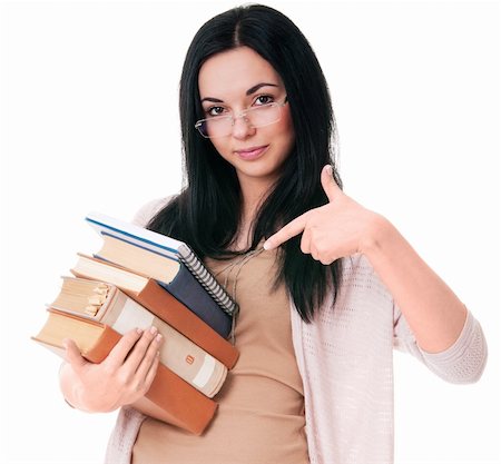 simsearch:400-04860880,k - Young woman draws attantion to books isolated on white background Stock Photo - Budget Royalty-Free & Subscription, Code: 400-05911761