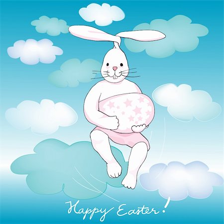 happy easter card with fantastic flying white rabbit and pink stars egg over cloudy sky Stock Photo - Budget Royalty-Free & Subscription, Code: 400-05912561