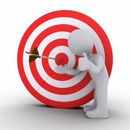 3d person satisfied is showing an arrow in the center of a red and white target Stock Photo - Budget Royalty-Free & Subscription, Code: 400-05920344
