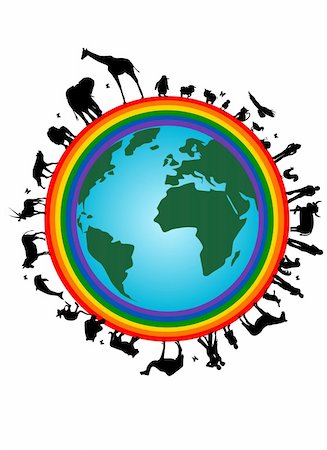 Illustration of earth with rainbow, people and animals silhouettes Stock Photo - Budget Royalty-Free & Subscription, Code: 400-05920547