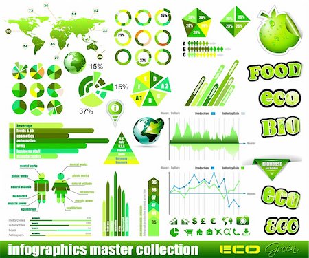 environmental business illustration - Premium Eco Green infographics master collection: graphs, histograms, arrows, chart, 3D globe, icons and a lot of related design elements. Photographie de stock - Aubaine LD & Abonnement, Code: 400-05920964