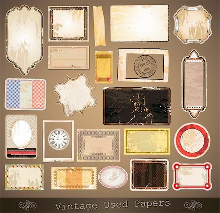 dirty photo frame - Vintage used papers and labels - A collection of different distressed retrò labels with several shapes and liquid drops on every surface. Stock Photo - Budget Royalty-Free & Subscription, Code: 400-05935051