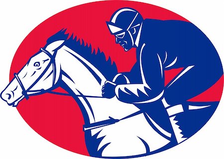 illustration of a horse and jockey racing side view done in retro woodcut style set inside oval Stock Photo - Budget Royalty-Free & Subscription, Code: 400-05937085