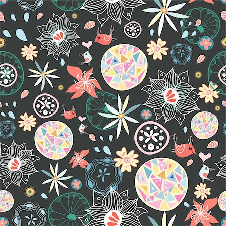 Seamless floral pattern with birds in love on a dark background Stock Photo - Budget Royalty-Free & Subscription, Code: 400-05939263