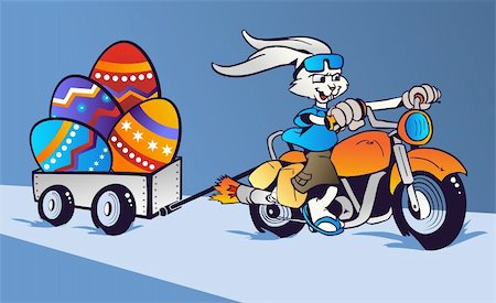 Cartoon rabbit mounted on a motorcycle transporting huge Easter eggs on blue background.  Vector file Layered for easy manipulation and custom coloring. Foto de stock - Super Valor sin royalties y Suscripción, Código: 400-05946885