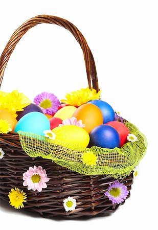 pysanka - Multicolored Easter eggs in wicker basket isolated on white background Stock Photo - Budget Royalty-Free & Subscription, Code: 400-06066719