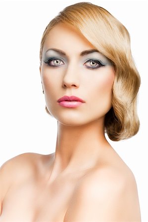 simsearch:877-07460478,k - blond beautiful woman with strong make up and an old fashion hair stylish in beauty portrait close up, she is in front of the camera and looks in to the lens, she is in front of the camera and looks in to the lens. Stock Photo - Budget Royalty-Free & Subscription, Code: 400-06067014