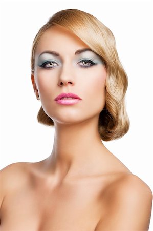 simsearch:877-07460478,k - blond beautiful woman with strong make up and an old fashion hair stylish in beauty portrait close up. She is in front of the camera and looks in to the lens with mouth slightly open. Stock Photo - Budget Royalty-Free & Subscription, Code: 400-06067012