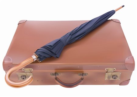 Vintage suitcase and umbrella over white background Stock Photo - Budget Royalty-Free & Subscription, Code: 400-06068538