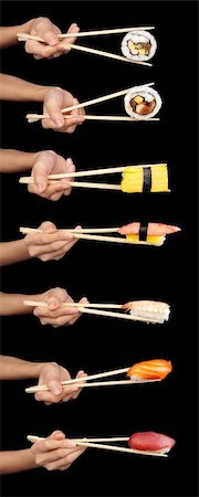 sake - Set of 7 hands holding various types of sushi with chopsticks isolated on a black background. Stock Photo - Budget Royalty-Free & Subscription, Code: 400-06062060