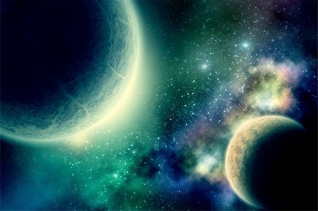 abstraction with two huge planets against the backdrop of stars set and multicolored nebula Stock Photo - Budget Royalty-Free & Subscription, Code: 400-06063469
