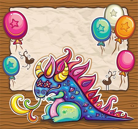 Dragon holiday card. Vector greeting card, banner, framework with cute little, fantasy dragon. Old paper, space for your text Stock Photo - Budget Royalty-Free & Subscription, Code: 400-06074542