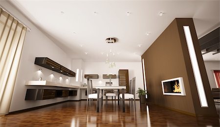 Interior of modern brown kitchen with fireplace 3d render Stock Photo - Budget Royalty-Free & Subscription, Code: 400-06075337