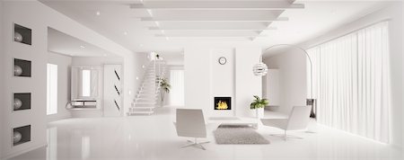 Interior of white apartment with fireplace and staircase 3d render Stock Photo - Budget Royalty-Free & Subscription, Code: 400-06075341