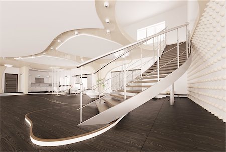 simsearch:700-06038236,k - Modern interior of living room with staircase 3d render Stock Photo - Budget Royalty-Free & Subscription, Code: 400-06075368
