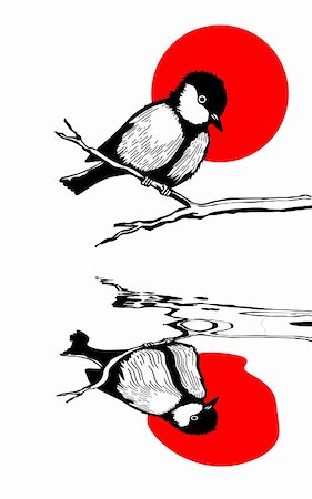 sparrow tattoo style drawing - bird on branch silhouette on solar background, vector illustration Stock Photo - Budget Royalty-Free & Subscription, Code: 400-06075981