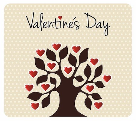 Tree silhouette with heart leaves shapes. Postcard background for Valentines day. Vector file available. Stock Photo - Budget Royalty-Free & Subscription, Code: 400-06078182