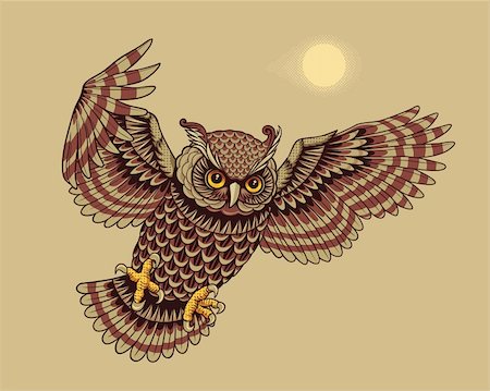 simsearch:400-07745600,k - Flying and hunting owl bird. Vector illustration, easy editable. Filetypes are available in zipped .EPS for vector formats, and hi-resolution .JPEG. Stock Photo - Budget Royalty-Free & Subscription, Code: 400-06078683