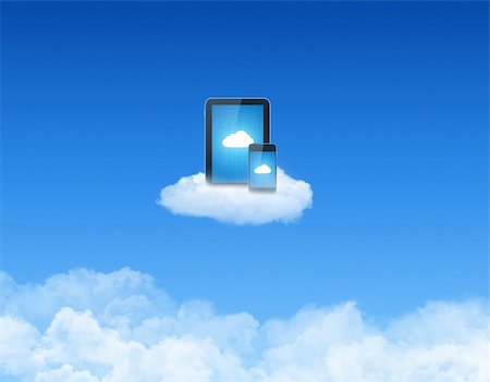 Modern tablet pc with mobile smart phone on a cloud. Conceptual image on cloud computing theme. Stock Photo - Budget Royalty-Free & Subscription, Code: 400-06070187