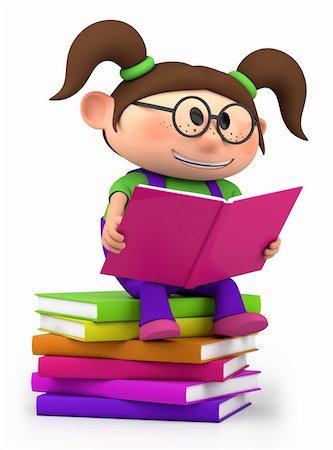 simsearch:400-04210608,k - cute little cartoon girl sitting on books reading - high quality 3d illustration Stock Photo - Budget Royalty-Free & Subscription, Code: 400-06071219