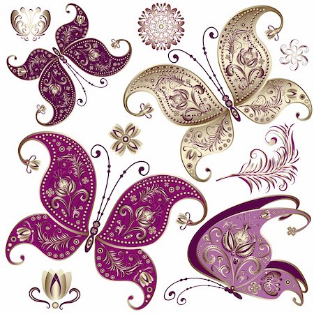 simsearch:400-05706564,k - Set purple and gold vintage butterflies and flowers (vector) Stock Photo - Budget Royalty-Free & Subscription, Code: 400-06072374