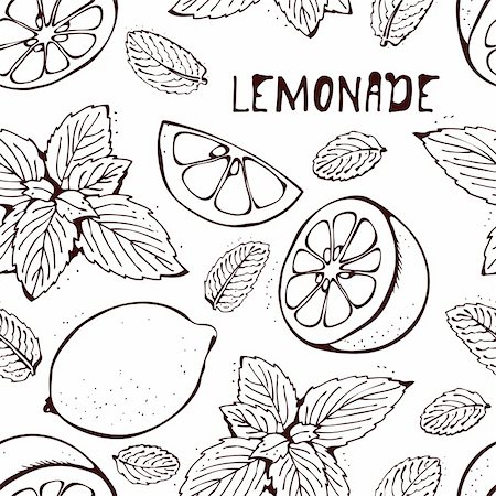 fresh air background - Lemonade pattern with hand-drawn lemons and mint Photographie de stock - Aubaine LD & Abonnement, Code: 400-06072702