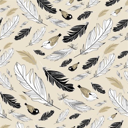 seamless graphic pattern of feathers and birds on a brown background Stock Photo - Budget Royalty-Free & Subscription, Code: 400-06084007