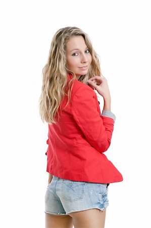 simsearch:400-04325969,k - Woman in short jeans and red jacket on white Foto de stock - Super Valor sin royalties y Suscripción, Código: 400-06084275