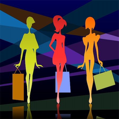 Vector illustration of a three girl silhouette with bags Stock Photo - Budget Royalty-Free & Subscription, Code: 400-06086444