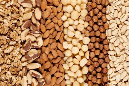 Peanuts, walnuts, almonds, hazelnuts, Brazil nuts and Macadamias side by side Stock Photo - Budget Royalty-Free & Subscription, Code: 400-06086474