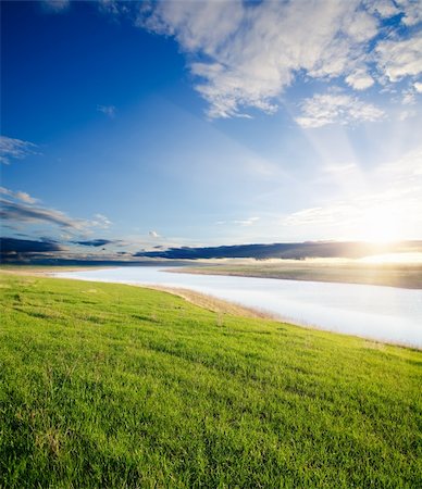 steppe - sunset over river and green grass Stock Photo - Budget Royalty-Free & Subscription, Code: 400-06087001