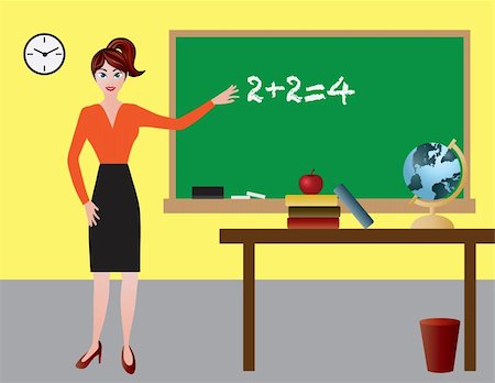 Female Teacher in Classroom with Chalkboard Desk Apple Books and Globe Illustration Stock Photo - Budget Royalty-Free & Subscription, Code: 400-06087787