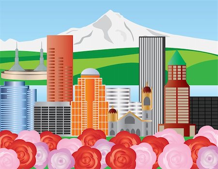 simsearch:400-05723698,k - Portland Oregon Skyline with Mount Hood and Roses Illustration Photographie de stock - Aubaine LD & Abonnement, Code: 400-06088483
