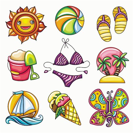 vector colorful set of sea vacation icons, 9 pictures: cheerful sun with smiley face, beach ball, basket with sand, swimming suit, slippers, island with palms, icecream Stock Photo - Budget Royalty-Free & Subscription, Code: 400-06088602