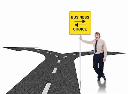 fork road - Tough business choices concept with crossroads and businessman leaning on road sign Stock Photo - Budget Royalty-Free & Subscription, Code: 400-06080326
