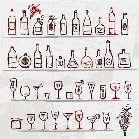 Set of alcohol's bottles and wineglasses on grunge background Stock Photo - Budget Royalty-Free & Subscription, Code: 400-06080594