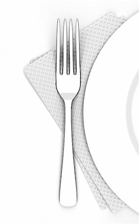 setting kitchen table - Illustration of fork near a white plate with a napkin Stock Photo - Budget Royalty-Free & Subscription, Code: 400-06081631