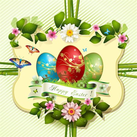 Easter card with butterflies and decorated eggs on grass Stock Photo - Budget Royalty-Free & Subscription, Code: 400-06082405