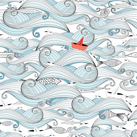 drawing of sea fish - seamless pattern of sea waves and the ships and fish Stock Photo - Budget Royalty-Free & Subscription, Code: 400-06083302