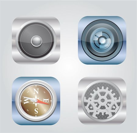 Set of 4 vector icons. Camera, compass, gearbox, audio. Stock Photo - Budget Royalty-Free & Subscription, Code: 400-06094346