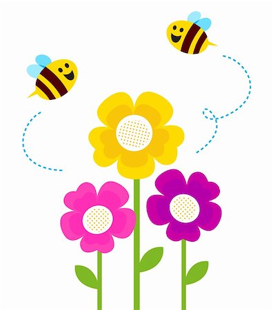 flower greeting - Bees flying closely colorful flowers. Vector Stock Photo - Budget Royalty-Free & Subscription, Code: 400-06095505