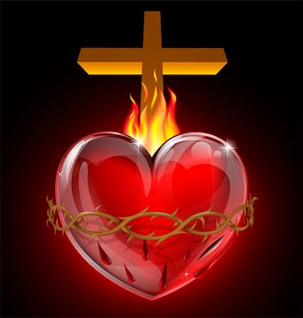 simsearch:845-02725927,k - Illustration of the Most Sacred Heart of Jesus. A bleeding heart with flames, pierced by a lance wound with crown of thorns and cross. Stock Photo - Budget Royalty-Free & Subscription, Code: 400-06095597