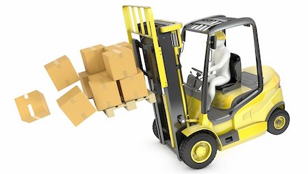 Overloaded yellow fork lift truck falling forward, isolated on white background Stock Photo - Budget Royalty-Free & Subscription, Code: 400-06096469